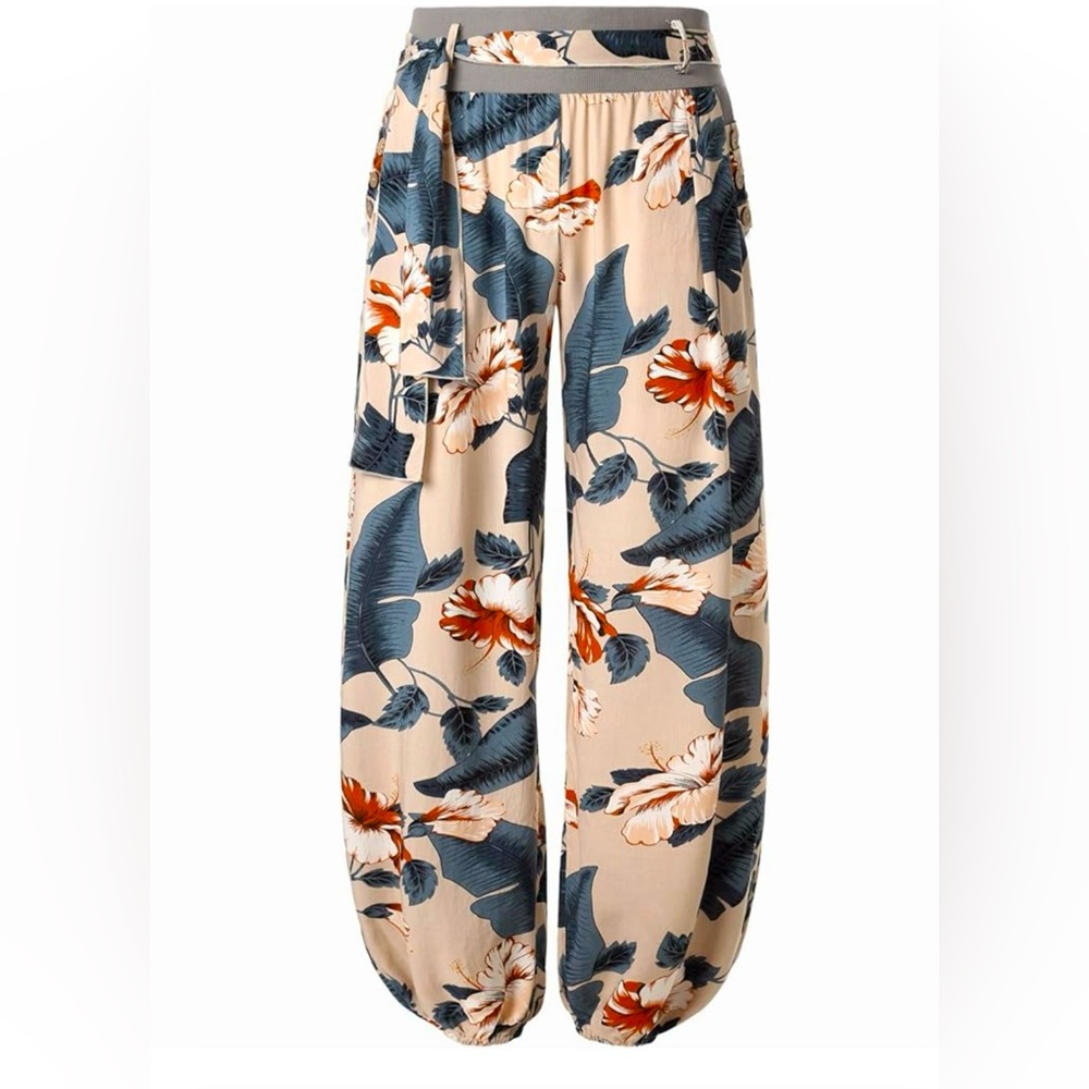 BAISHENGGT Women’s Button Deco Elastic Cuff Belted Harem Pants.